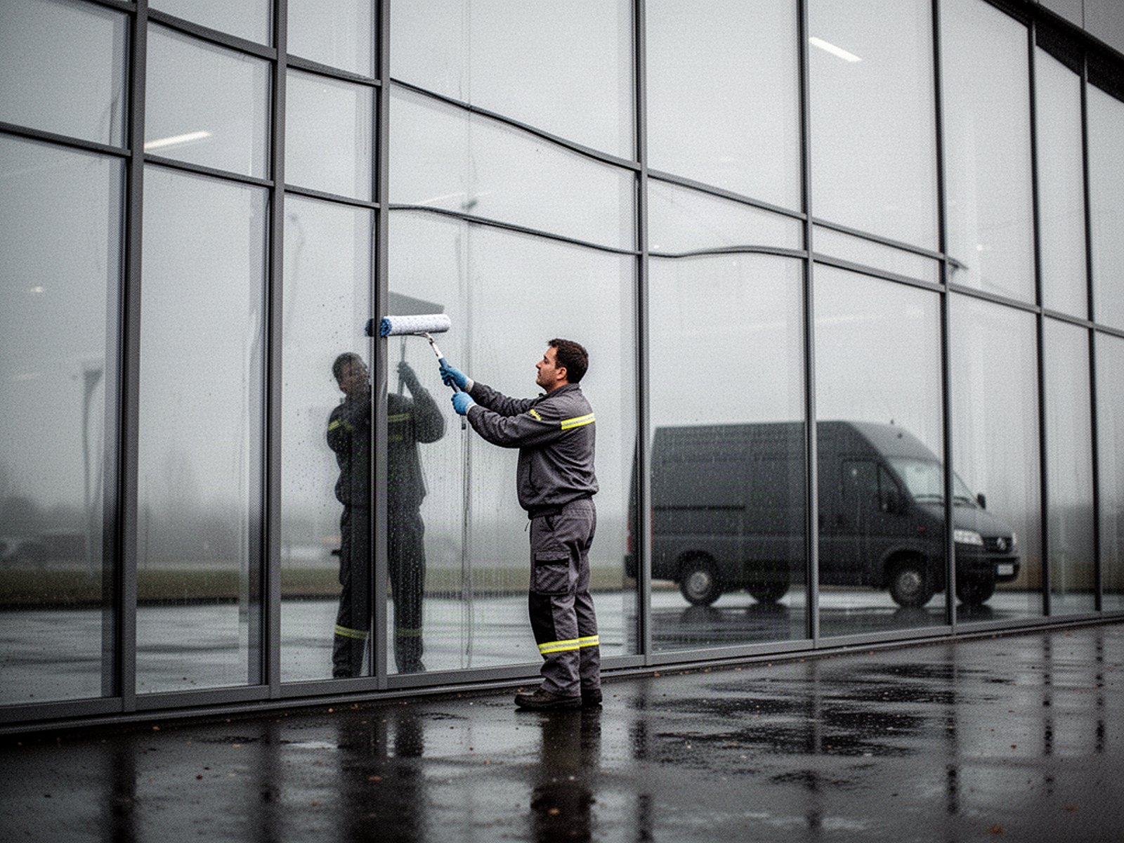 Servicekraft reinigt Glasfassade