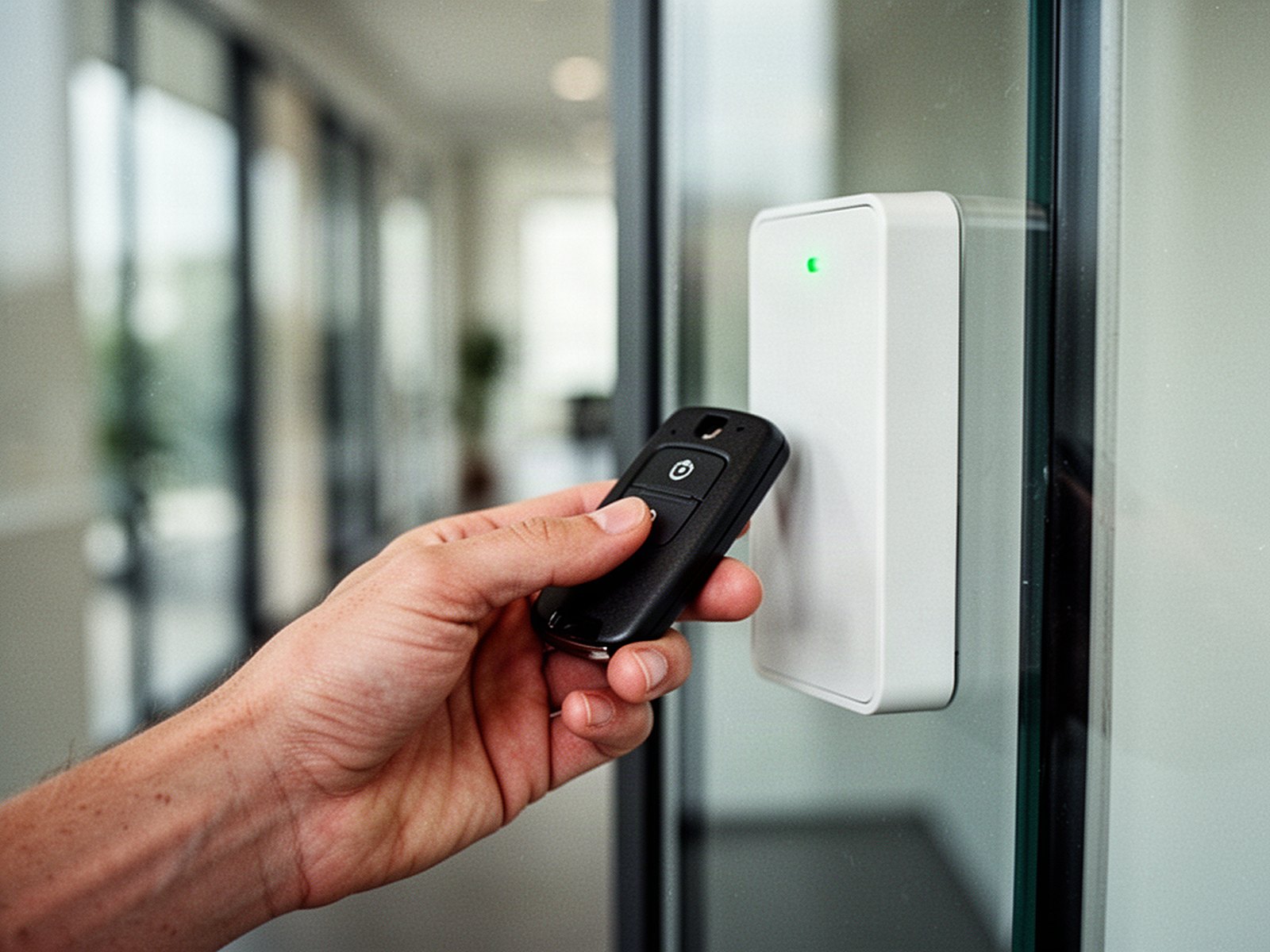 Mitarbeiter hält Transponder an Zutrittsleser