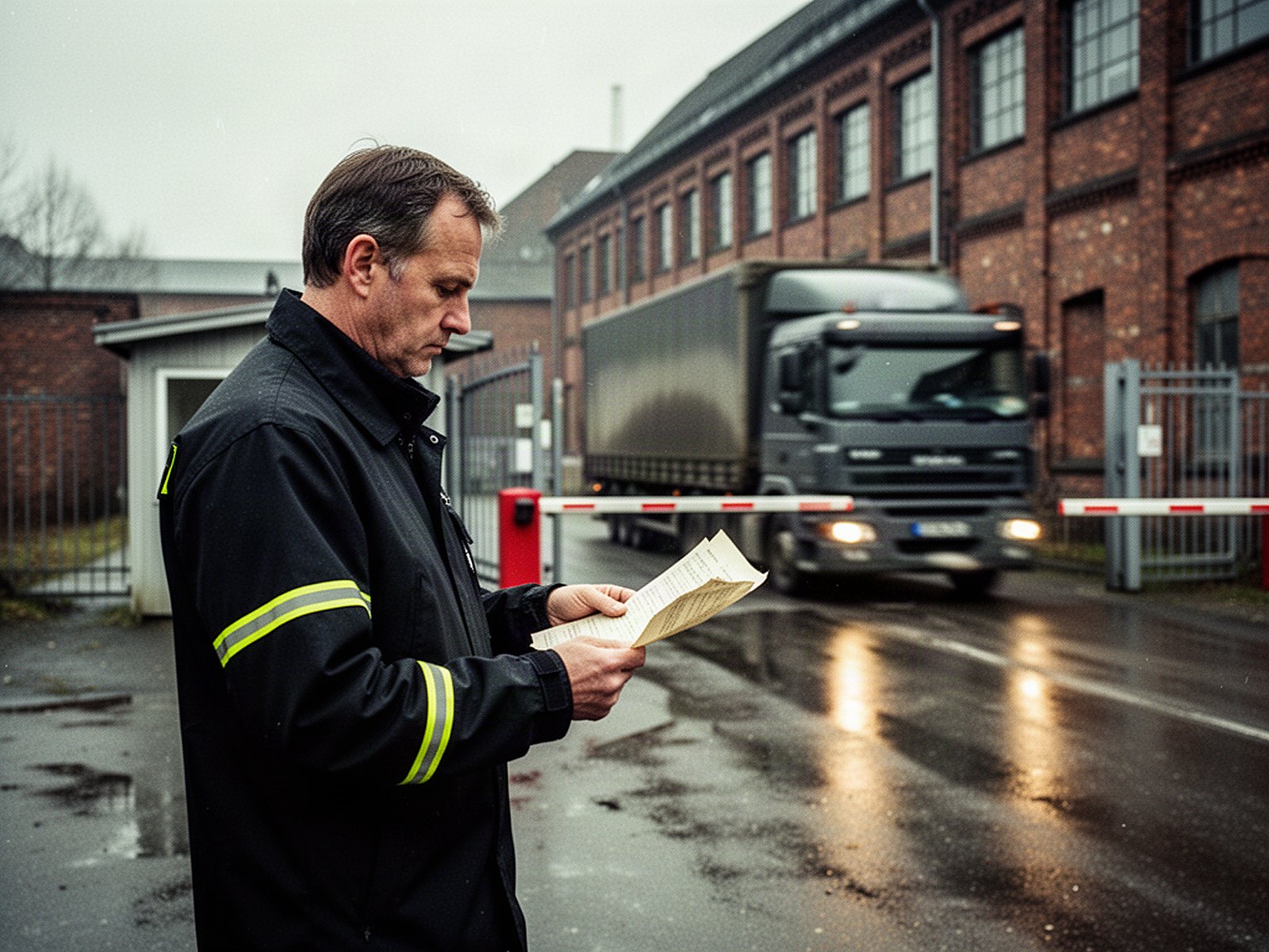 Sicherheitsmitarbeiter kontrolliert Werkstor