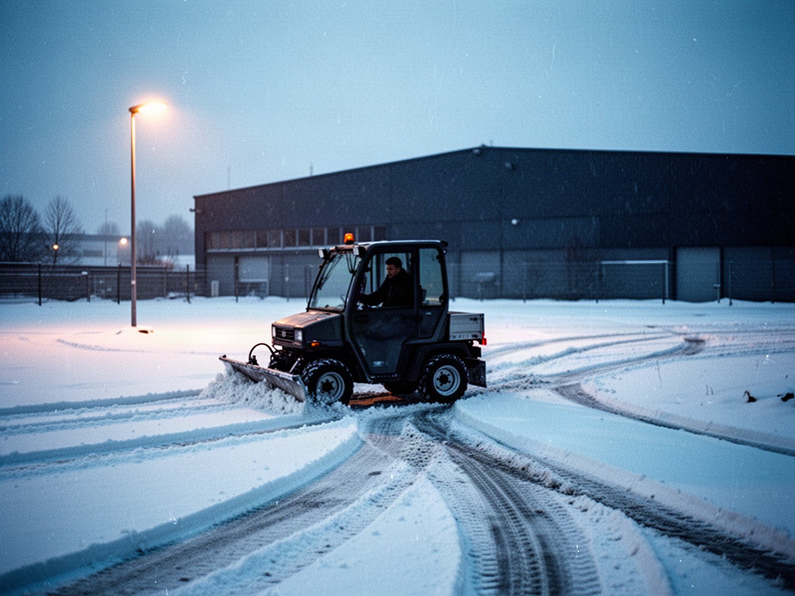 Räumfahrzeug streut Parkplatz im Schnee