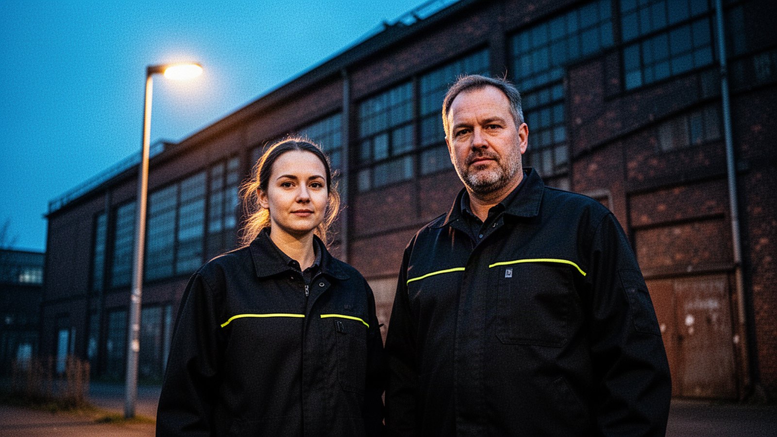 Zwei AWA-Mitarbeitende vor Industriegebäude in Dorsten